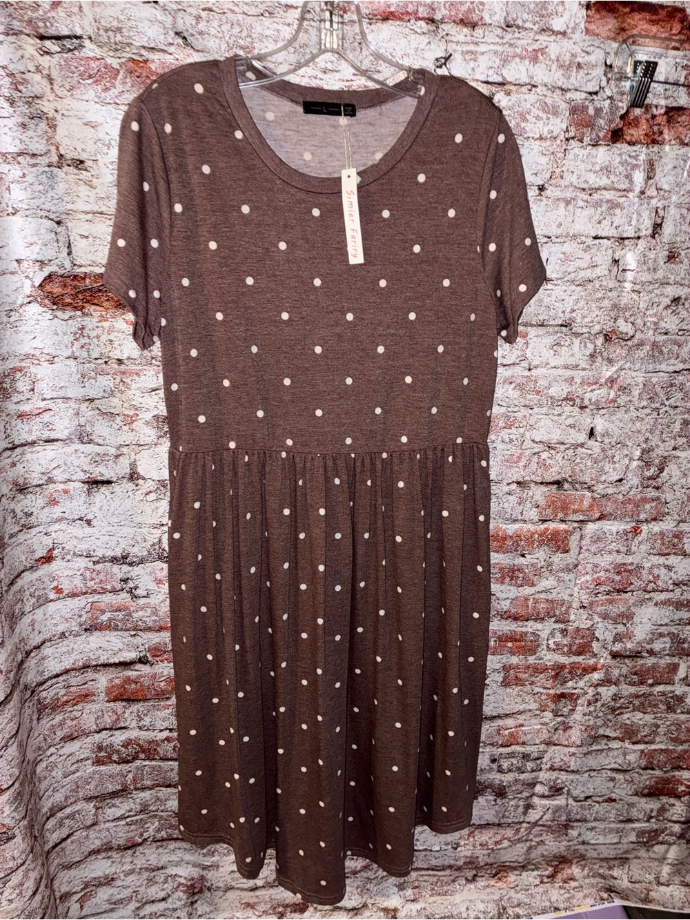 Classic Polka Dot Brown Midi Dress with Short Sleeves